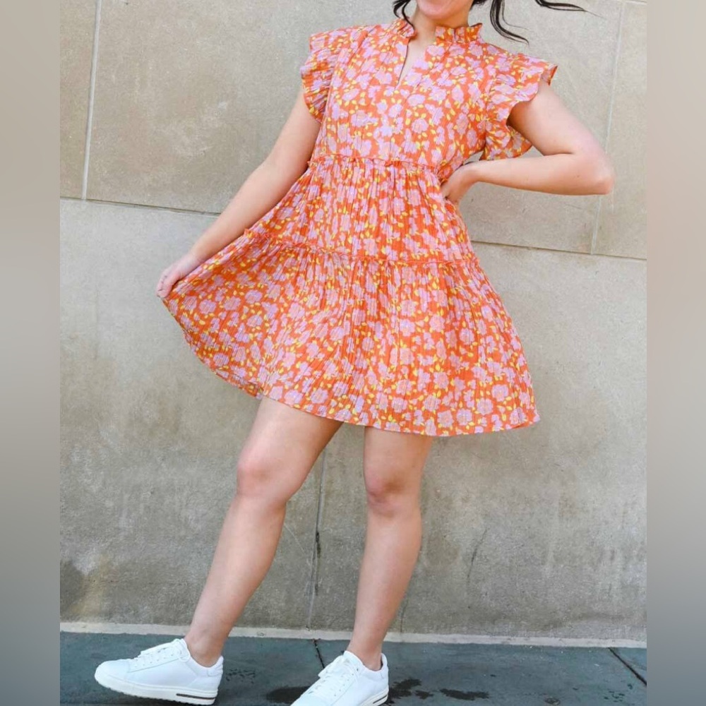 Anthropologie THLM Flower Print Tiered Dress in Orange M